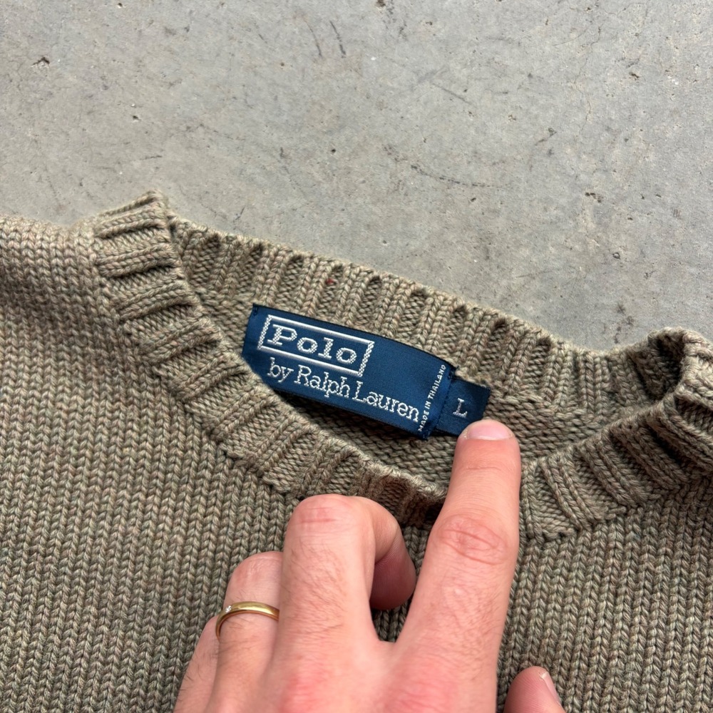 Vintage Polo Ralph Lauren Crewneck Sweater Tan Cotton Knit Mens Large - Picture 4 of 8